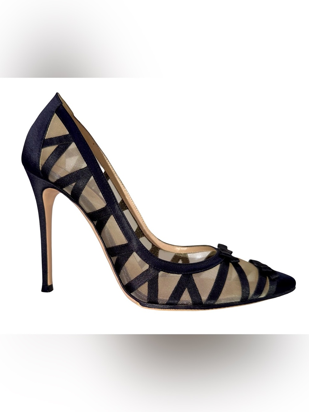 Gianvito Rossi Black and Nude Mesh Geometric Pointed Stiletto Pumps
